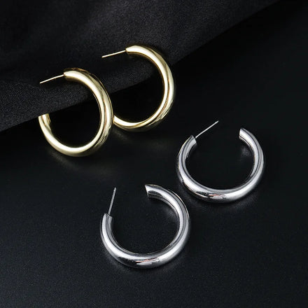Fashion Chunky Earrings Jewelry 925 Sterling Silver Big Earrings Heavy Chic Punk C Shaped Gold Plated Hoop Earrings Women