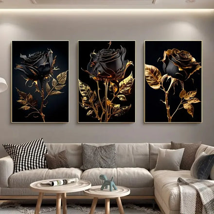 Wholesale Floral Canvas Poster and Prints Set of 3 Black & Gold Rose Elegant Modern Wall Art Painting for Living Room Home Decor