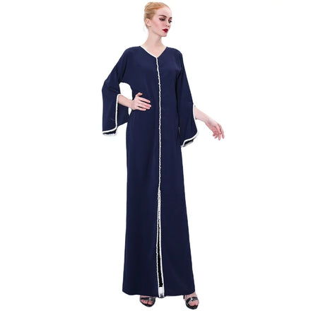 Elegant Pearl Decoration Eid Pure Color Long Closed Abaya Women Muslim Dress