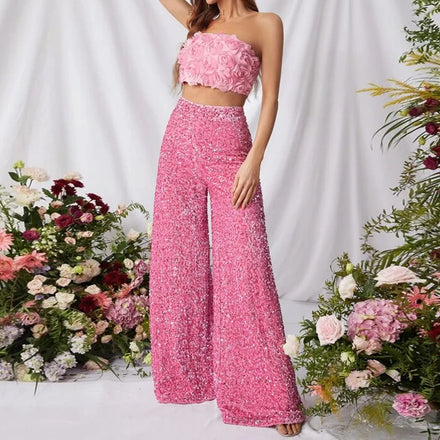 S-XL Summer High Waist Pants Hot Selling Solid Color Sequins in Europe and America Fashionable and Casual Wide Leg Pants