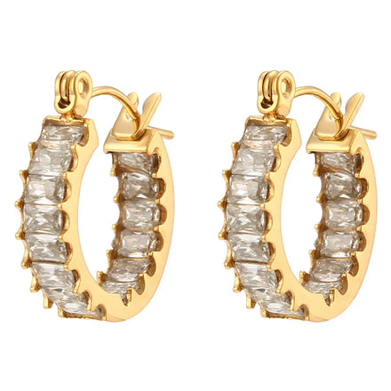 Hypoallergenic Bling Cubic Zirconia Circle Jewelry 18K Gold Plated Chunky Stainless Steel Hoop Earrings for Women