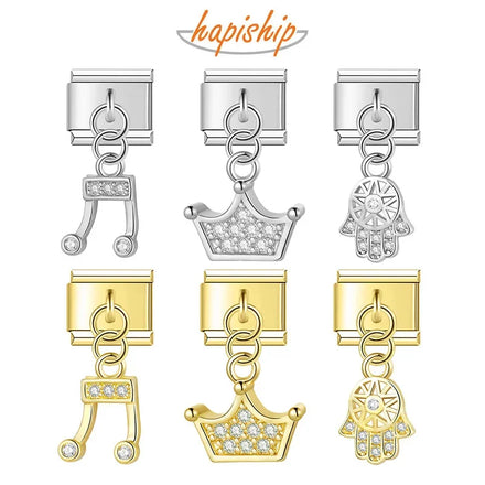 Hapiship Gold Italian Charm Bracelet Crown Palm Musical Note Charms Stainless Steel Jewelry Pendants DJ627