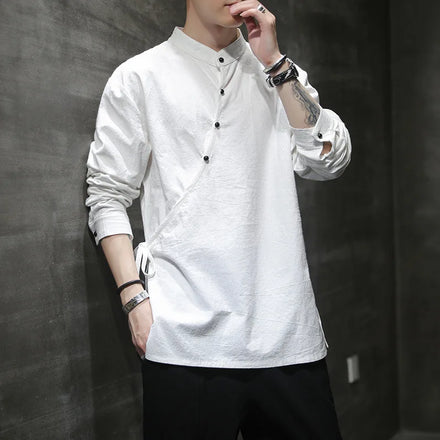 M-5XL Mens Chinese Style Hemp Shirt Cotton Linen Tang Suit Hanfu Retro Stand-Up Collar Zen Clothes Tops Clothes Clothing