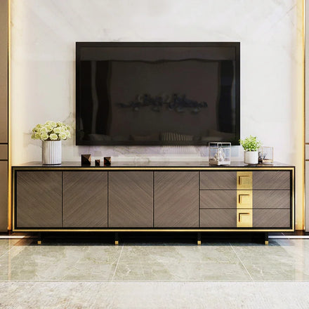 Luxury Glass TV Stand with Wooden Side Cabinet - Modern Rock Slab TV Cabinet Featuring Ample Storage Space Elegant TV Stand