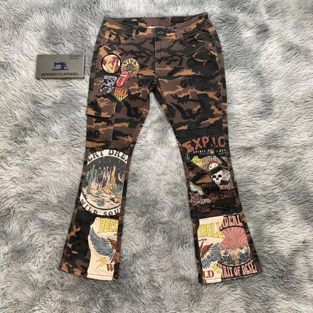 DENIMGUYS Men's Camouflage Flare Cargo Pants Custom Print Patch Bootcut Pants Men High Street Fashion Camo Flared Trousers