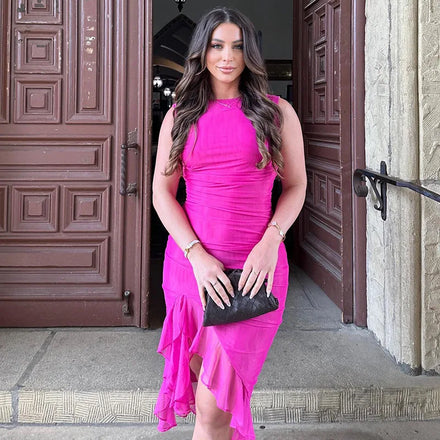 New Women's Round Neck Sleeveless Fashionable Hot Selling Sexy Tight Fitting Backless Pleated Mid Length Skirt