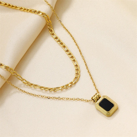 Vintage Stainless Steel Square Gems Pendant Double Chains Necklace Gold 18K for Women