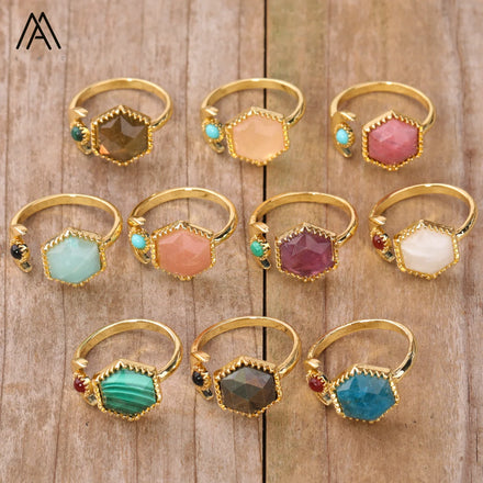 Dainty Rings Healing Chakra Jewelry for Women Hexagon Shape Stone Moon Open Bands Boho Ring Birthday Gifts