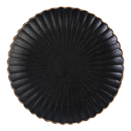 Japanese Ceramic Scrub Chrysanthemum Steak Noodle Plate Black with Gold Rim Tableware