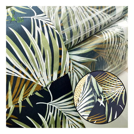 Promotion Price Stock Tropical Palm Leaves Printed 55% Linen 45%Cotton Woven Fabric for Clothing for Home Textile