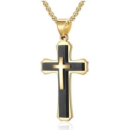 Dull Polish Waterproof Stainless Steel Hip Hop Classic Double Cross Design Pendant Necklace Jewelry for Men
