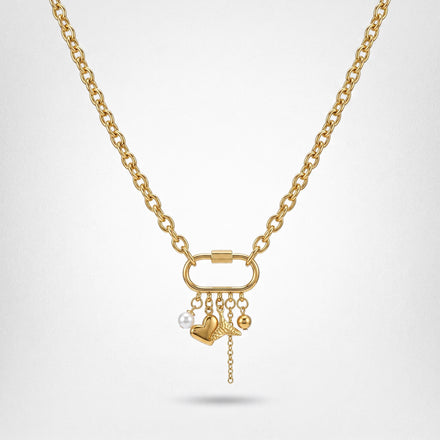 QIAOREN 11351 Tarnish Resistant Waterproof 18K Gold Plated Stainless Steel Carabiner Charm Necklace