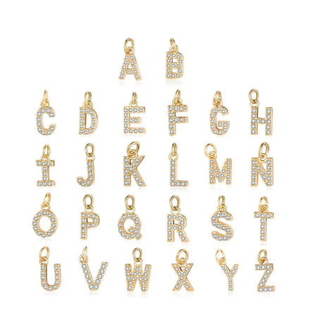 Gold Brass Zircon Initial Letter Alphabet Charm A-Z Letter Charm Dangle Pendant for DIY Bracelet Necklace Craft Making