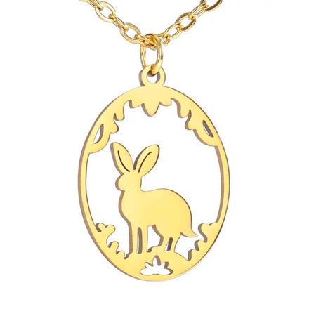 Hollow Out Rabbit Flower Oval Pendant Necklace Cute Fashion Stainless Steel Jewelry Necklaces Gifts for Women Girls