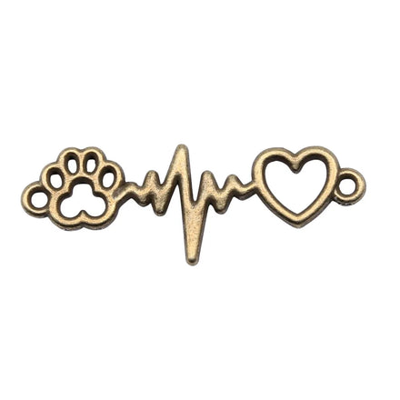 AA016086 12x34mm Zinc Alloy Antique Silver Bronze Color ECG Heartbeat Connector Heart Dog Claw Link Charms Unisex Pendant