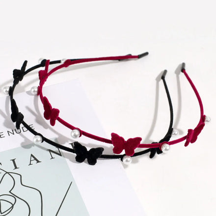Women Girl Exquisite Elegant Butterfly Pearl Decoration Headband Slender Velvet Cover Hairband Temperament Hair Hoop