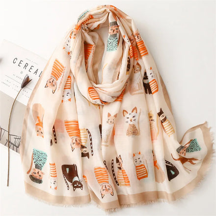 Latest Design Fancy Cat Pattern Cotton Scarves Shawls Women Long Large Cotton Head Scarf Luxury Animal Print Viscose Hijab Scarf