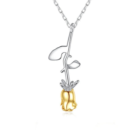 Real 925 Sterling Silver Gold Rose Flower Pendant Necklace Fine Jewelry Clavicle Chain for Valentine's Day Gift