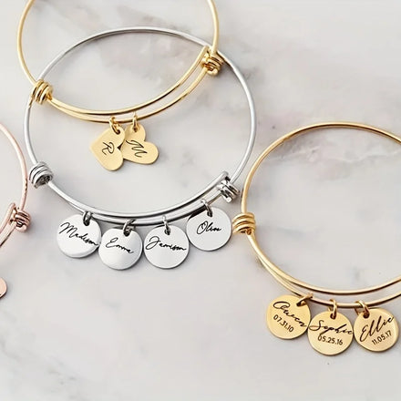 Wholesale Stainless Steel Handwriting Round Coin Pendant Adjustable Size Hand Bangle Personalized Bracelet for Gift