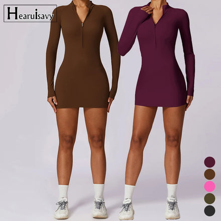 Zip Tight Solid Sports One Piece Dress Quick Dry Breathable Fitness Long Sleeve Yoga Casual Women's Nylon Spandex