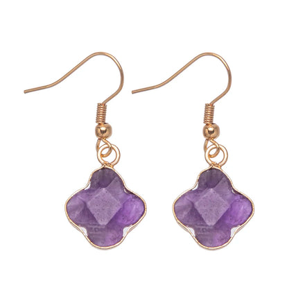 New Natural Crystal Stone Rose Quartz Four Leaf Clover Earrings for Women Jewelry Crystal Lucky Clover Stainless Steel Lug Hook