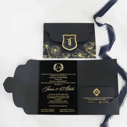 Personalized Black Velvet Wedding Invitation with Floral Trifold Pocket Folder and Respond Card