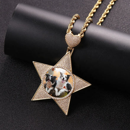 New Iced DIY Heart Hook Pentagram Photo Custom Private Custom Hip Hop Gold Brass Sublimation Picture Necklace Memory Medallions