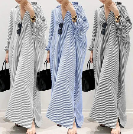 Wholesale New Arrival Hot Sale Linen Dress Loose Striped Summer Shirt Dress Plus Size Maxi Women Dresses