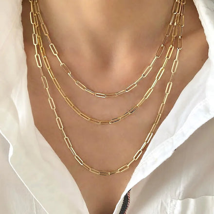 Women 14K Gold Plated Paper Clip Chain Necklace Stainless Steel Rectangle Long Link Paperclip Choker Necklace