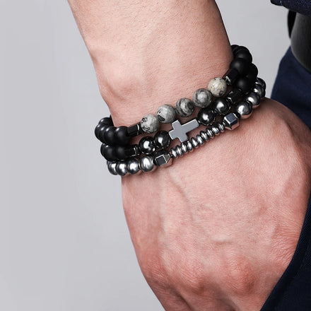 Cross Border Personality Vintage Cross Bracelet Black Gallstone Vintage Beaded Bracelet Fashion Bungee Cord Bracelet for Women