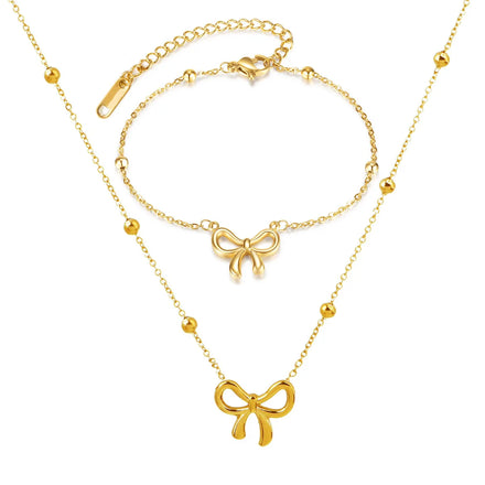 Sweet Style Versatile and Simple Ribbon Beads Set Chain Bracelet Bow Bracelet Stainless Steel Bracelet for Girls