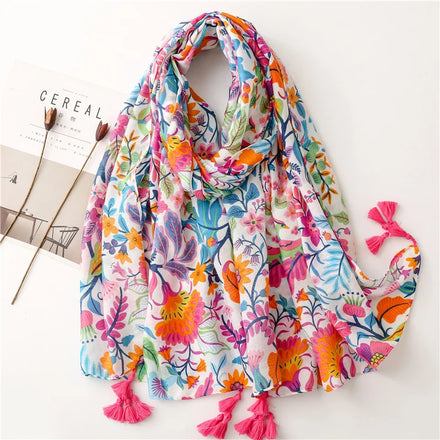 2024 New Elegant Flower Printed Cotton Voile Scarves With Tassel Women Floral Print Cotton Head Wraps Beach Shawls Hijabs