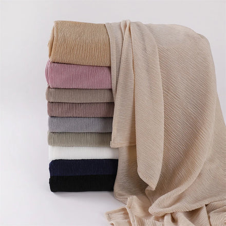 New Arrival Plain Color Soft Elastic Jersey Scarf Shawl Muslim Women Crinkle Pleated Cotton Hijabs Turbans Breathable Scarves