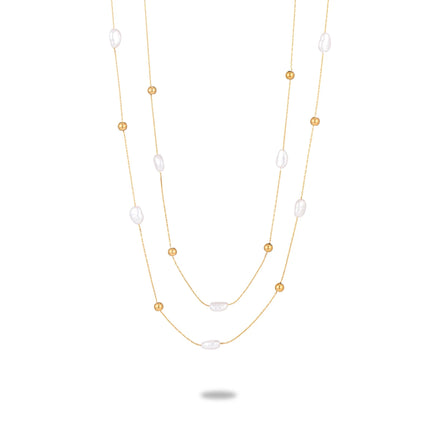 Fashion European-American Style Baroque Pearl Charm Thin Bead Chain Handmade Double Layer Stainless Steel Silver Necklaces
