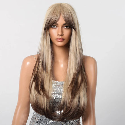 Long Wavy Brown to Blonde Gradient Color for Women Layered Synthetic Wig with Bangs Natural Christmas Party Heat Resistant Fiber
