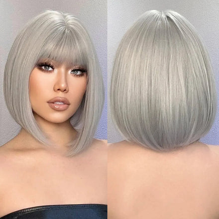Short Grey Galaxy Straight Bob Hair Wigs With Bangs Heat Resistant Synthetic Wigs for Women Christmas Cosplay Wigs