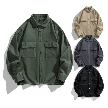 Plain Color Woven Cotton Long Sleeve Shirts for Men Loose Design Custom Logo Turn-down Collar Mens Street Wear Shirt
