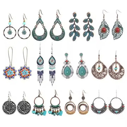 12 Styles Vintage Bohemia Style Antique Bronze Gold Plated Metal Leaf Seed Beads Turquoise Boho Earring Jewelry for Women