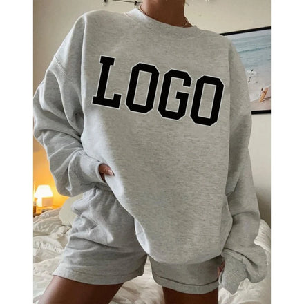 F240123 Custom Women Hoodie Sweatshirt and Shorts Sets Causal Terry Cotton Embroidered Logo Crewneck Sweatshirt and Shorts Set