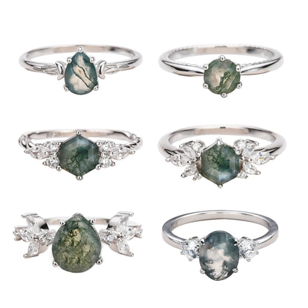Tarnish Free Rhodium Plated Engagement Fine Natural Gemstone 925 Silver Moss Agate Ring for Women