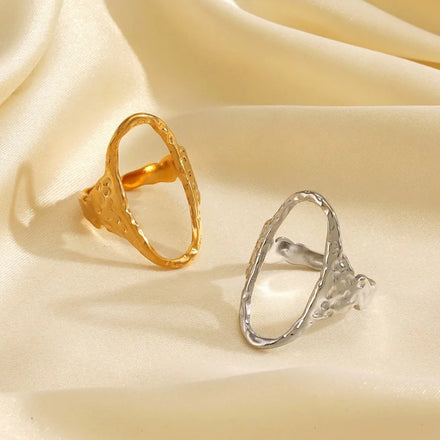 Fashion Oval Hammer Pattern Open Ring 18k Gold Plated Stainless Steel Waterproof Women's Ring