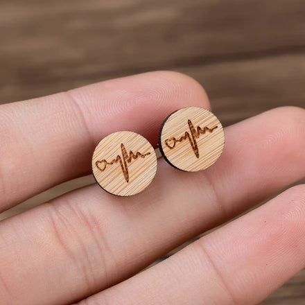 Minimalist 12mm Round Brown Wooden Stud Earrings Creative Doctor Nurse Love Heart Heartbeat Earrings Gifts for Women