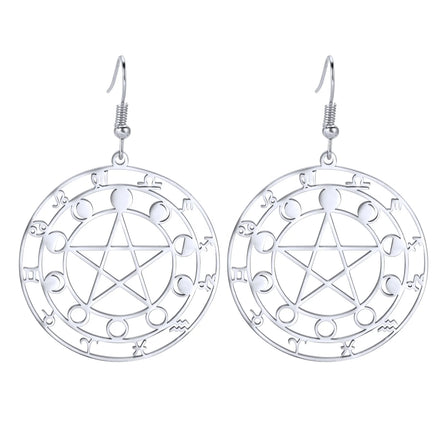 Hollow Pentagram Pentacle Big Earrings Moon Phase 12 Constellations Magic Amulet Wiccan Pagan Gift Stainless Steel Jewelry