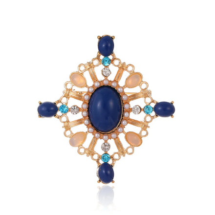 DRAL1109 Cross Inlaid Rhinestone Brooch Baroque Style Hollowed Out Imitation Lapis Lazuli Brooch Palace Retro Pearl Brooch