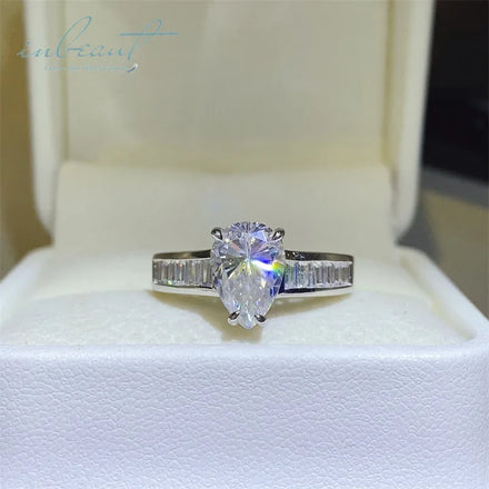 Silver 925 Original 3 Carat Brilliant Cut Diamond Test Past D Color Water Drop Shape Moissanite Wedding Ring Gemstone Jewelry