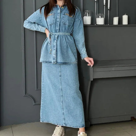 Spring and Autumn Women Suits Tops + Long Skirt Set Fashion Casual Denim Belt Dress Suits Lady Women's Casual Set