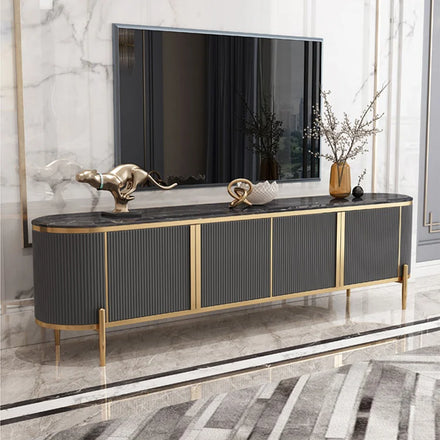 YSS Contemporary TV Stand Featuring a Titanium Frame Glossy Finish Cabinet Solid Wood Drawer and Marble Effect Top