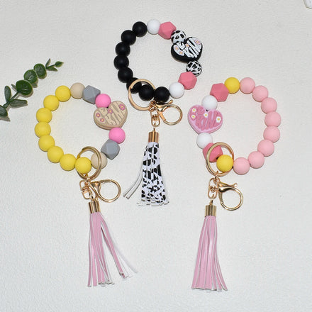 Silicone Beads Heart Shape BE KIND Mixed Color Bracelet With Tassel Wristlet Keychain for Teachers