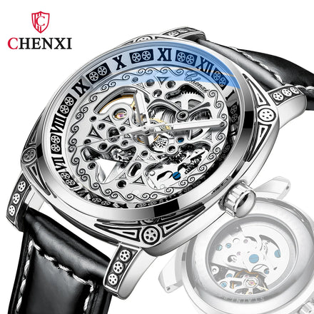CHENXI New Vintage Carved Watch Men's Mechanical Genuine Leather Waterproof Hollow Shake Tone Explosive