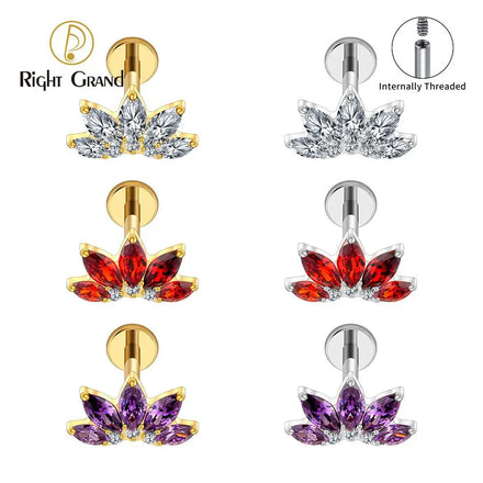 Right Grand ASTM F136 Titanium 16G Marquise CZ Flower Flat Back Stud Labret Tragus Helix Cartilage Conch Earring Piercing